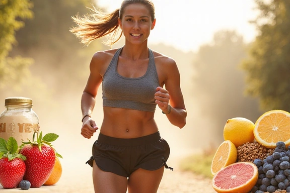 Sportowiec biegnący z energią, z elementami zdrowej żywności w tle
